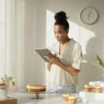 A woman using a tablet in a bright and modern kitchen setting, surrounded by cakes and flowers, depicting a lifestyle scene.